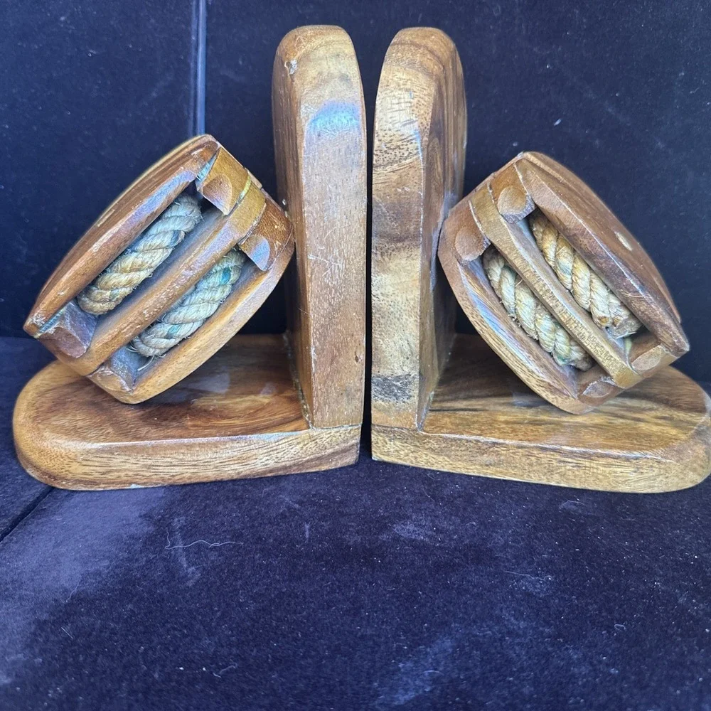 Vintage Book Ends Maritime Nautical Wood Pulley